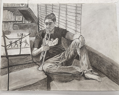 A drawing of a trumpet player